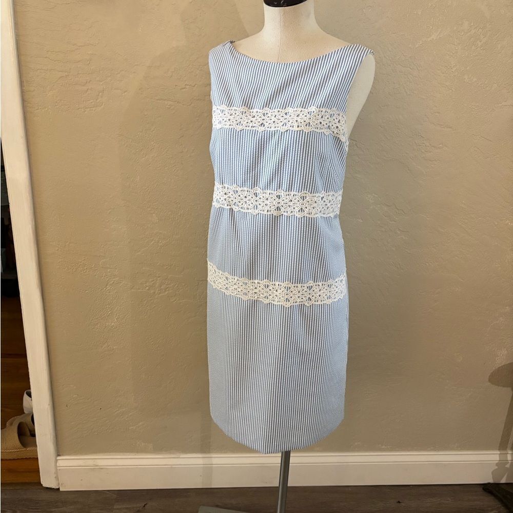 London Times Blue and White Striped Dress with Lace Accents Sz 14 - Picture 4 of 6